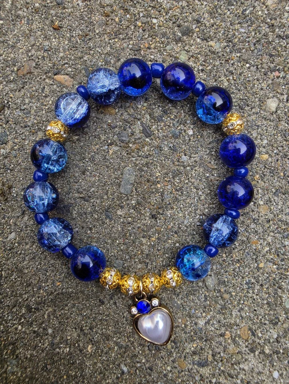 Blue Crackle Glass Bead Bracelet with Faux Pearl Heart Charm